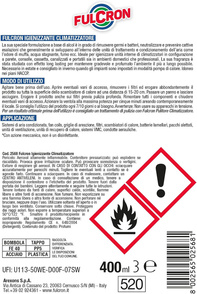 Fulcron Arexons Désinfectant en Spray Climatiseurs 400ml Anti-Odeurs HACCP 2PC
