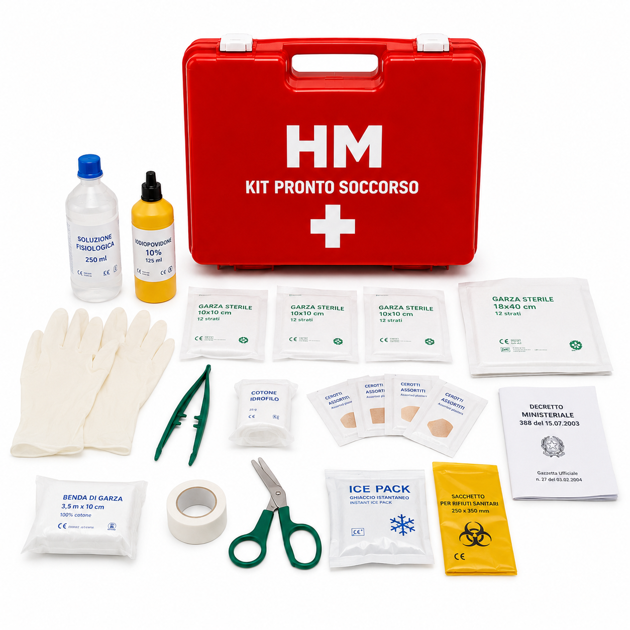 HM Cassetta Pronto Soccorso Aziendale, Conforme D.M. 388/03 Allegato 2, Valigetta Rigida Rossa, Supporto a Parete Incluso, per Uffici, Negozi, Laboratori e Piccole Aziende