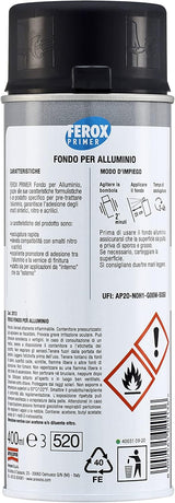 FEROX Fondo per Alluminio 400 ml, Fondo Aggrappante per Verniciatura, Colore Grigio, Primer Superfici Interno/Esterno, Primer per Alluminio, Rapida Essicazione, Lunga Durata