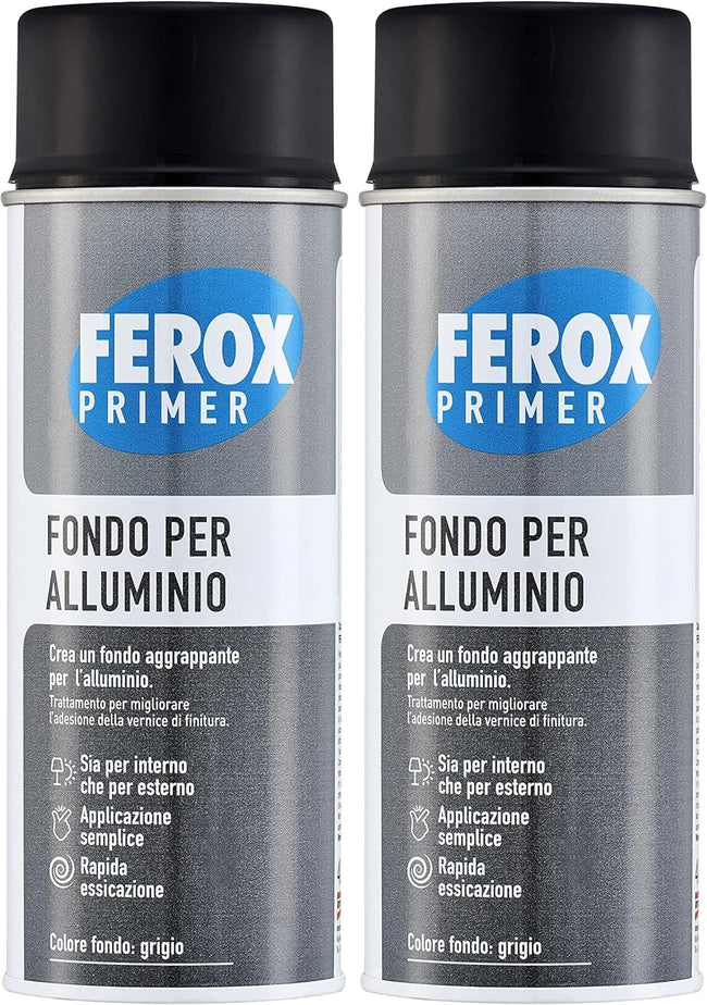 FEROX Fondo per Alluminio 400 ml, Fondo Aggrappante per Verniciatura, Colore Grigio, Primer Superfici Interno/Esterno, Primer per Alluminio, Rapida Essicazione, Lunga Durata 2 PZ