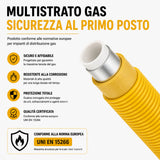 Tubo Multistrato Gas Corrugato PE-Xb/AL/PE-Xb con Guaina Gialla, Ø16 Ø20 Ø26 mm, Rotolo 25m 50m 100m, per Impianti Gas Metano GPL Interni, Alta Flessibilità e Resistenza
