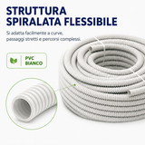 Guaina Spiralata Bianca in PVC per Impianti Elettrici, Tubo Corrugato Flessibile Isolante Passacavi, Matassa 30 Metri, Disponibile Ø16/18/20/25 mm
