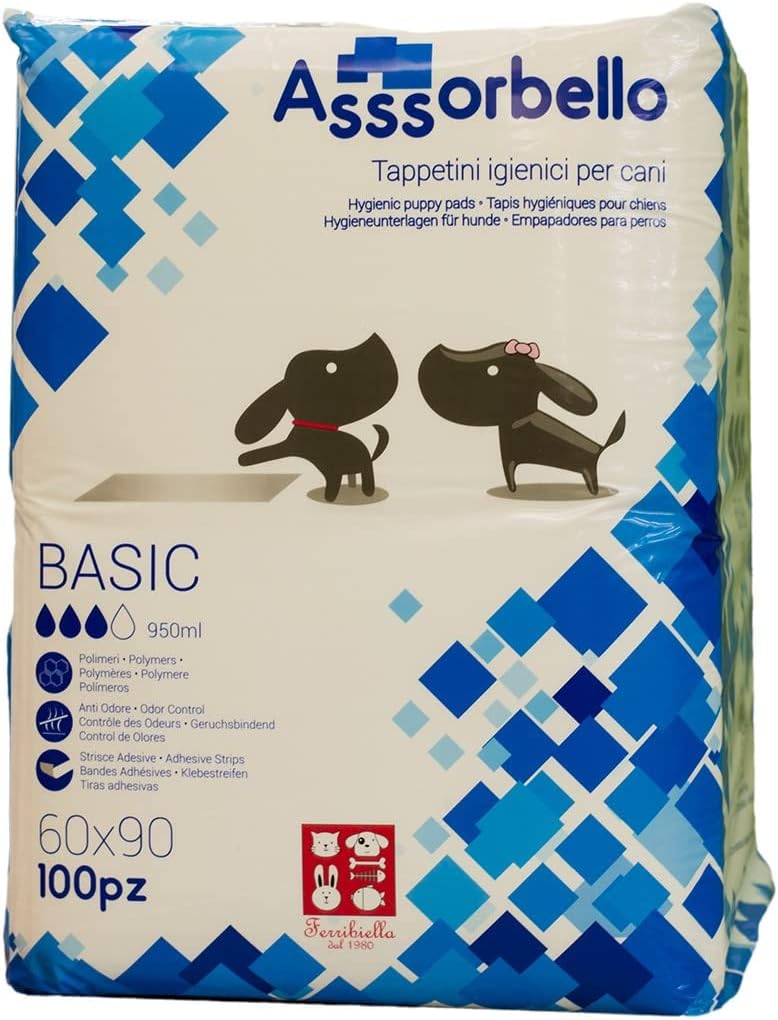 Tappetini igienici assorbenti per cani, formato 60x90 cm, confezione da 100 pezzi. Ideali per cuccioli, cani adulti, anziani o per l’uso in casa, trasportini e aree dedicate.
