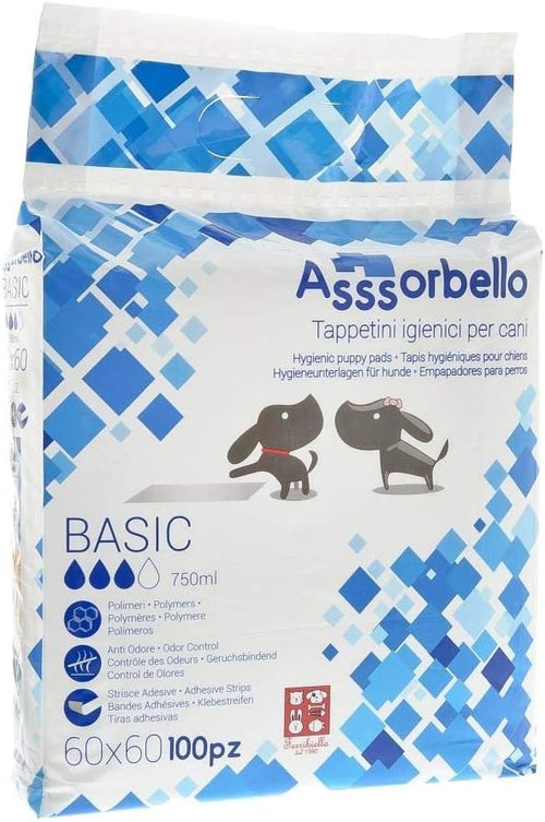 Ferribiella Assorbello Tappetini Igienici Assorbenti per Cani 60x60 cm – Confezione 100 Pezzi – Anti Odore con Strisce Adesive