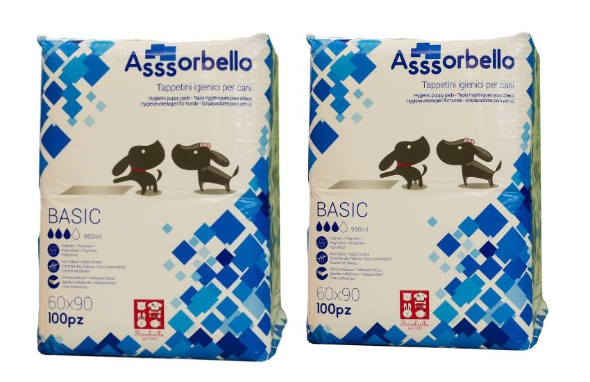 Ferribiella Assorbello Tappetini Igienici per Cani 60x90 cm – 2 Confezioni da 100 Pezzi – Totale 200 Tappetini Assorbenti Anti Odore