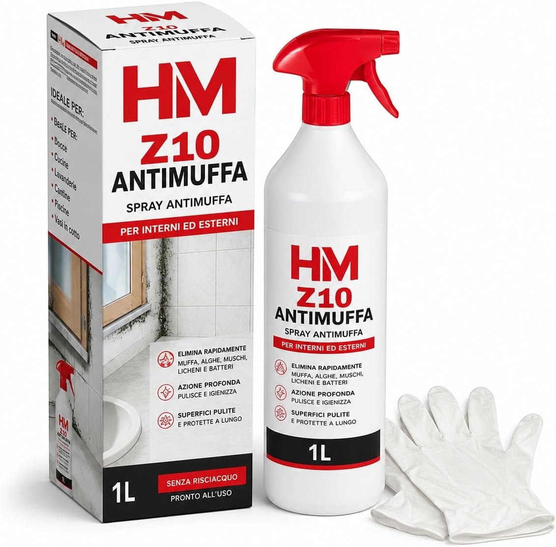 HM Spray Antimuffa Z10 1 Litro per Pareti e Muri Interni con 2 Guanti in Omaggio