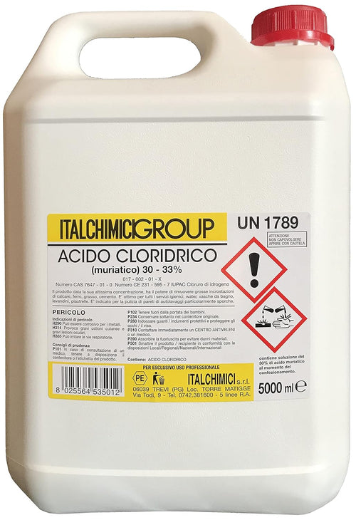 Acido Cloridrico Muriatico Puro al 33% 5 Litri – Uso Industriale e Domestico