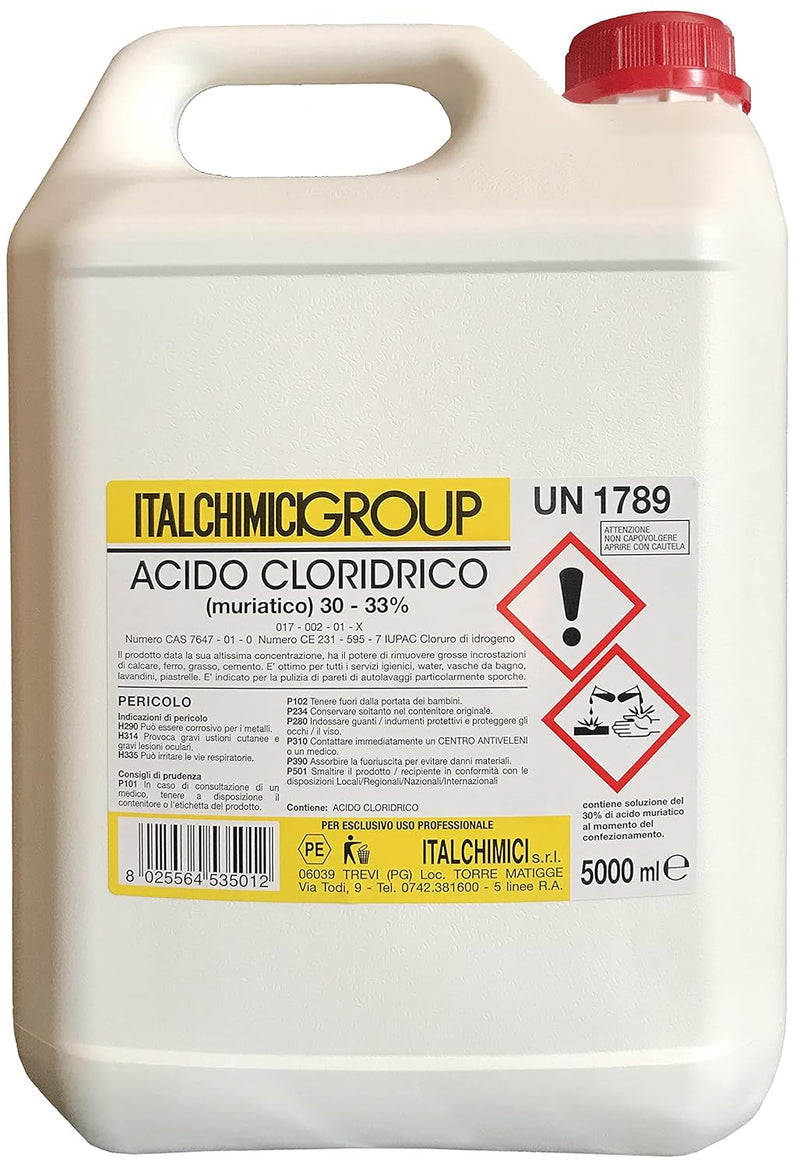 Acido Cloridrico Muriatico Puro al 33% 5 Litri – Uso Industriale e Domestico