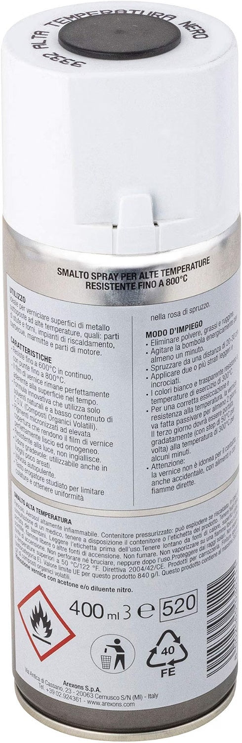 Arexons Smalto 100% Acrilico Alta Temperatura Nero 400 ml – Spray fino a 800°C