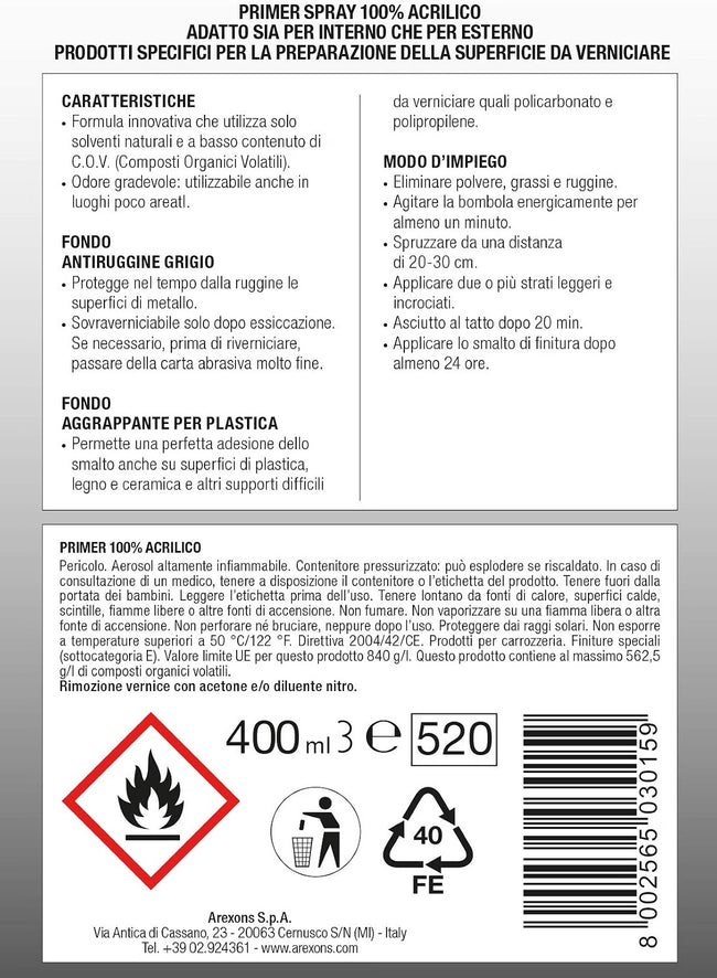 Arexons Primer 100% Acrilico Fondo Aggrappante per Plastica 400 ml