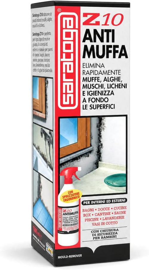 SARATOGA Spray Antimuffa Saratoga Z10 Elimina Muffe Alghe Muschi Licheni, per uso Interno ed Esterno, Spruzzatore Ergonomico con impermeabile API 1 Litro