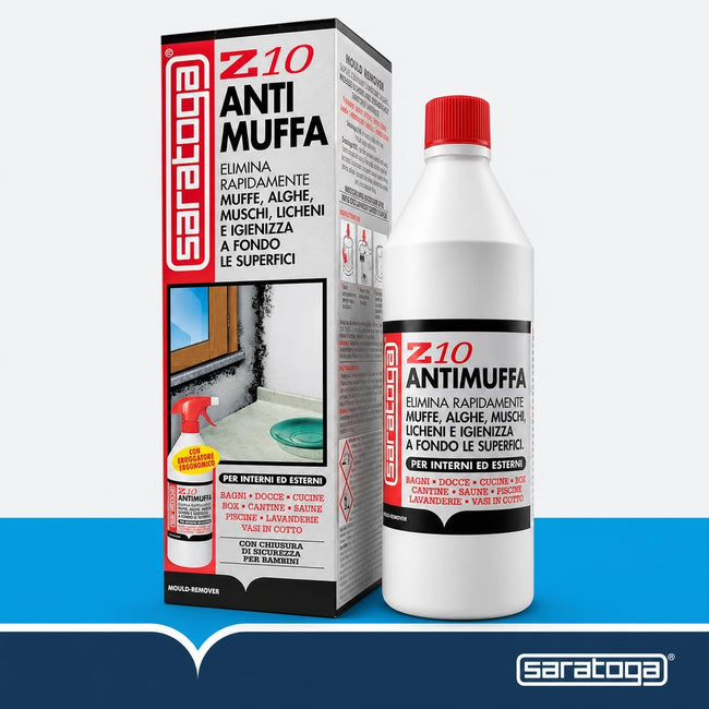SARATOGA Spray Antimuffa Saratoga Z10 Elimina Muffe Alghe Muschi Licheni, per uso Interno ed Esterno, Spruzzatore Ergonomico con impermeabile API 1 Litro