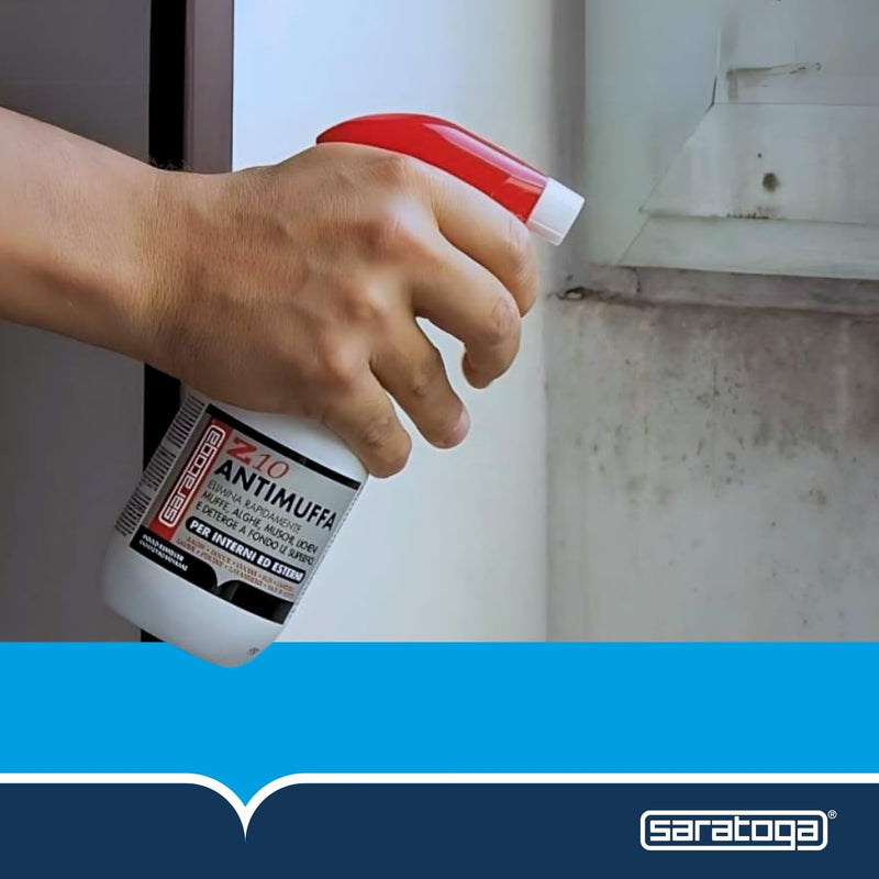 SARATOGA Spray Antimuffa Saratoga Z10 Elimina Muffe Alghe Muschi Licheni, per uso Interno ed Esterno, Spruzzatore Ergonomico con impermeabile API 1 Litro