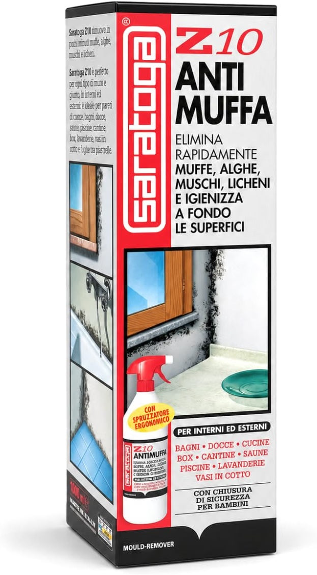 SARATOGA Spray Antimuffa Saratoga Z10 Elimina Muffe Alghe Muschi Licheni, per uso Interno ed Esterno, Spruzzatore Ergonomico con impermeabile 2 LT