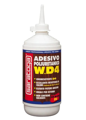 Saratoga W.D4, Adesivo Poliuretanico per Legno, Colla Monocomponente Senza Solventi, Resistente ad Acqua e Alte Temperature, Incollaggio Strutturale Extra Forte per Interni ed Esterni, 500g