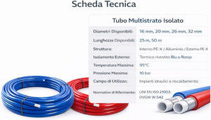 Tubo Multistrato Coibentato ISOCLIMA Diametro 16/20/26/32 mm Rivestito con Guaina Isolante - Rotolo da 25 o 50 Metri per Impianti Idraulici, Acqua Calda/Fredda e Riscaldamento
