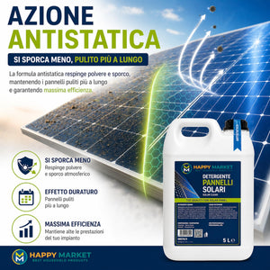 Detergente Pannelli Fotovoltaici e Solari 5L Antistatico Professionale – Pulizia Vetri Senza Aloni, Smog e Sporco – Impianti Fotovoltaici e Solari Termici