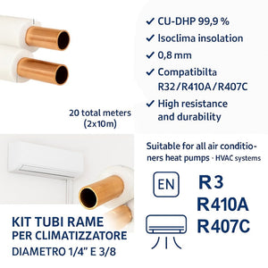Kit Tubi Rame Climatizzatore Isoclima Ø1/4”+3/8” CU - DHP 99,9% con Guaina Ignifuga | Disponibile 10MT/5MT/3MT Con o Senza Raccordi | Compatibile Gas R32 R410A R407C - IDRAULICAMENTEKit Tubi Rame Climatizzatore Isoclima Ø1/4”+3/8” CU - DHP 99,9% con Guaina Ignifuga | Disponibile 10MT/5MT/3MT Con o Senza Raccordi | Compatibile Gas R32 R410A R407C