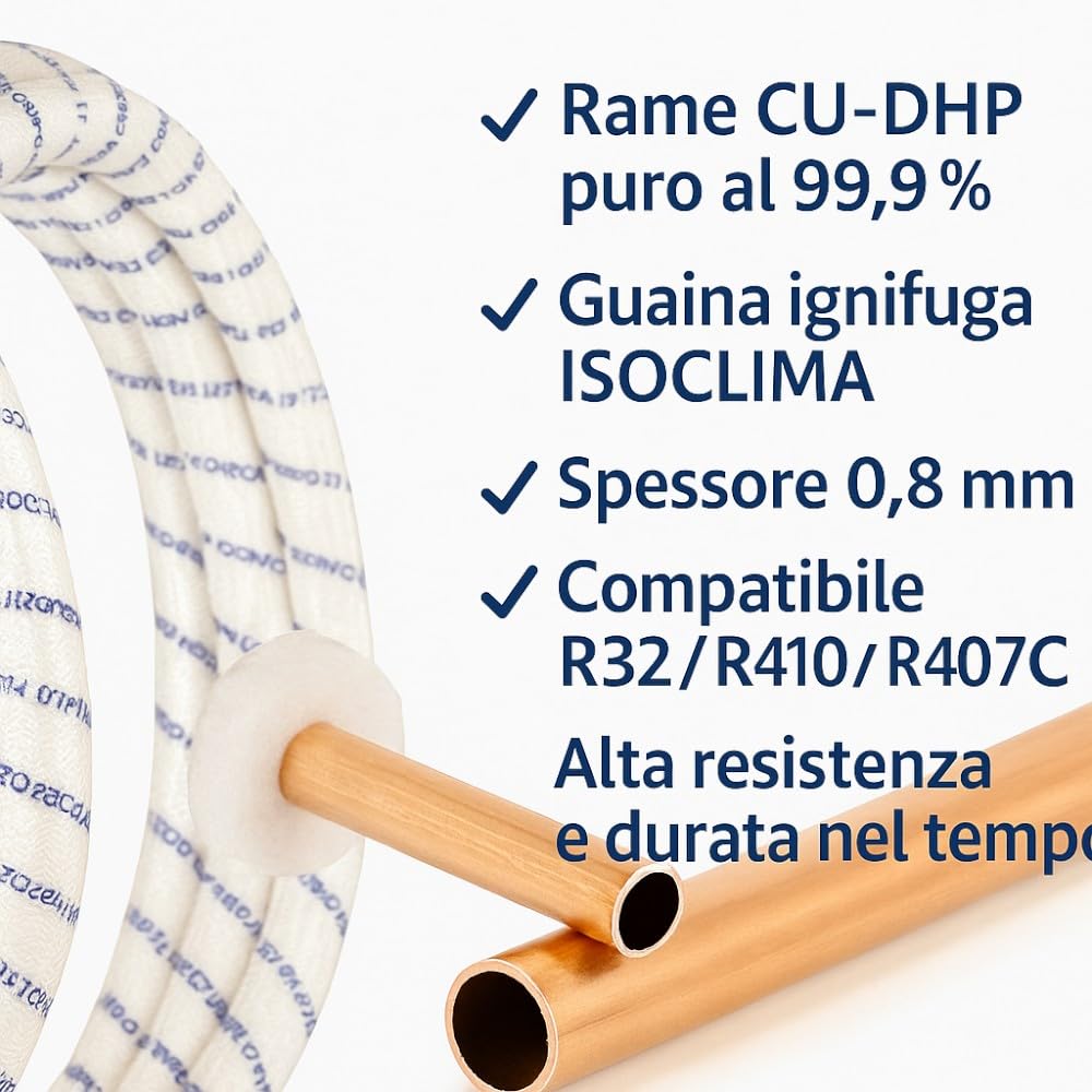 Kit Tubi Rame Climatizzatore Isoclima Ø1/4”+3/8” CU - DHP 99,9% con Guaina Ignifuga | Disponibile 10MT/5MT/3MT Con o Senza Raccordi | Compatibile Gas R32 R410A R407C - IDRAULICAMENTEKit Tubi Rame Climatizzatore Isoclima Ø1/4”+3/8” CU - DHP 99,9% con Guaina Ignifuga | Disponibile 10MT/5MT/3MT Con o Senza Raccordi | Compatibile Gas R32 R410A R407C