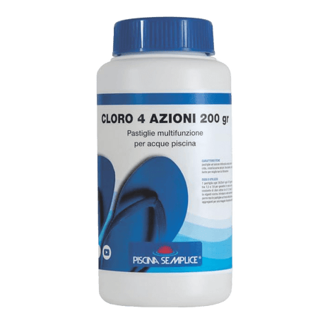 PISCINA SEMPLICE, Cloro 4 Azioni 200g, Trattamento Multi Azione Senza Rame Per Acque Della Piscina, Azione Clorante, Antialghe, Stabilizzante del PH, Flocculante, Formato da 1 Kg - IDRAULICAMENTEPISCINA SEMPLICE, Cloro 4 Azioni 200g, Trattamento Multi Azione Senza Rame Per Acque Della Piscina, Azione Clorante, Antialghe, Stabilizzante del PH, Flocculante, Formato da 1 Kg